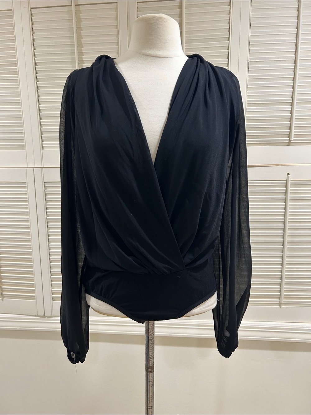 New Gracia Black Draped V-Neck Bodysuit Top